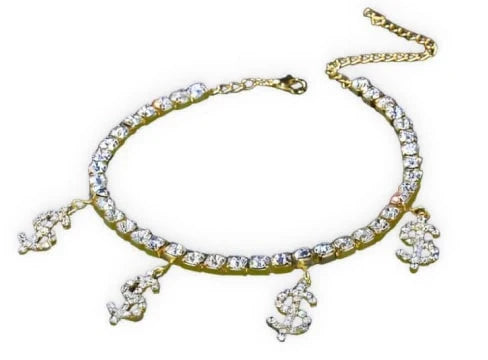 Sparkling gold-colored brass anklet adorned with dollar charms and rhinestones