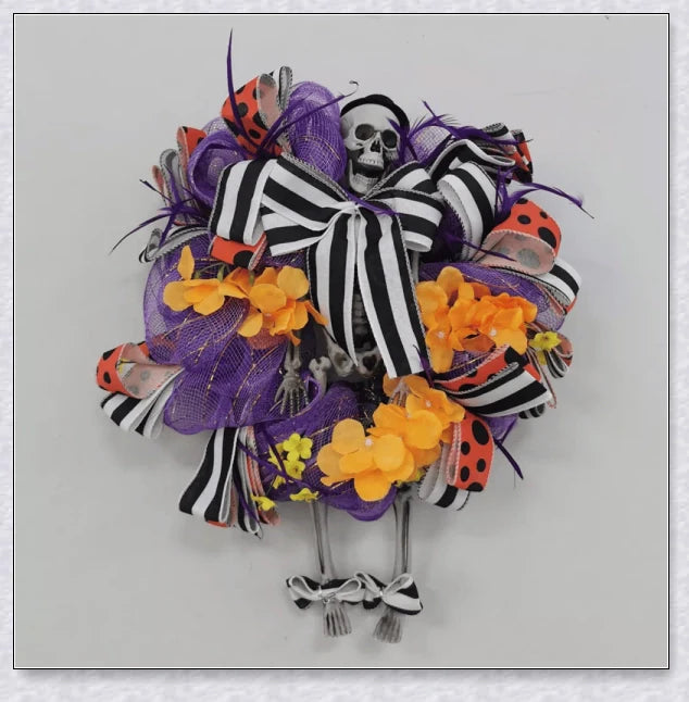A captivating Halloween wreath featuring a purple skull design, perfect for adding eerie elegance to any home.