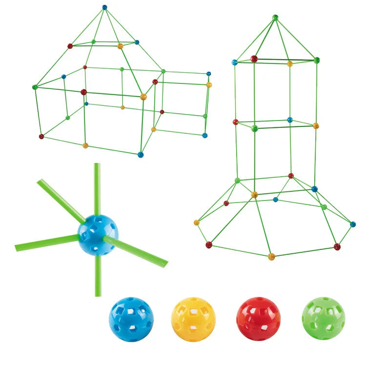 Children's DIY bead tent fort building kit with plastic balls and tubes for creative play and imagination development