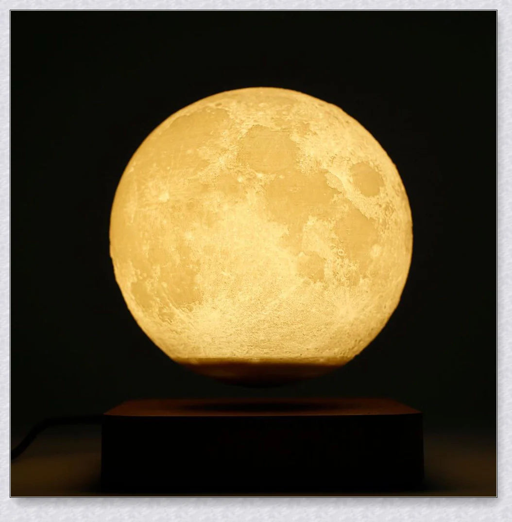 Lunamen Magnetic Levitating Moon Lamp with detailed lunar surface and floating above magnetic base