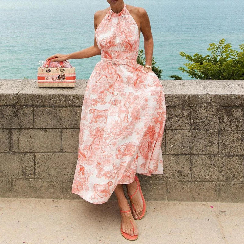 Sophisticated and versatile mid-length backless dress in a vibrant pink hue, featuring an A-line silhouette and convenient side pockets.