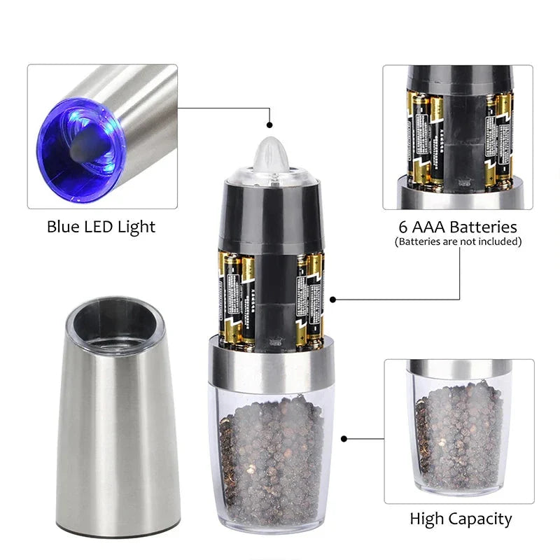 Premium electric automatic salt and pepper mill with adjustable coarseness, battery-operated, and LED light for precise seasoning