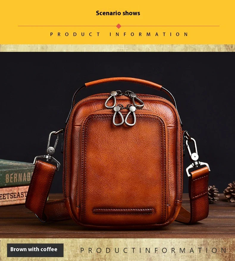 Premium retro leather messenger bag with spacious main compartment, side pockets, and robust handle for comfortable carrying