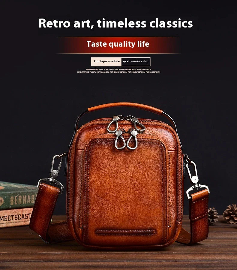 Premium retro leather messenger bag with spacious main compartment, side pockets, and robust handle for comfortable carrying