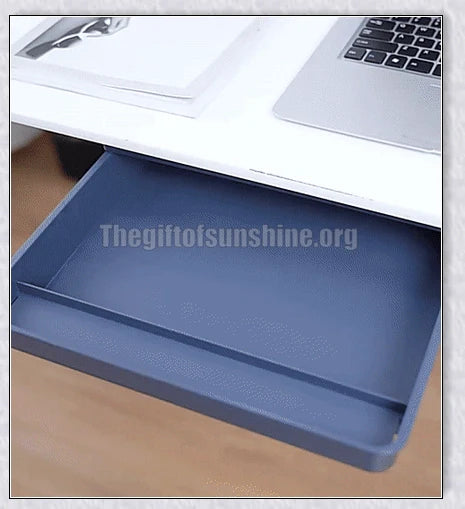 Discreet hidden under-desk storage drawer for pens, pencils, and other office supplies