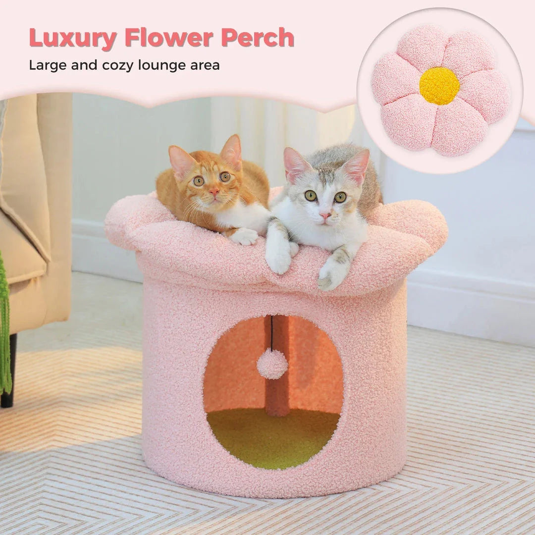 Luxurious double-decker cat bed with charming flower-shaped perch and interactive toy, made with soft corduroy fabric for maximum comfort.