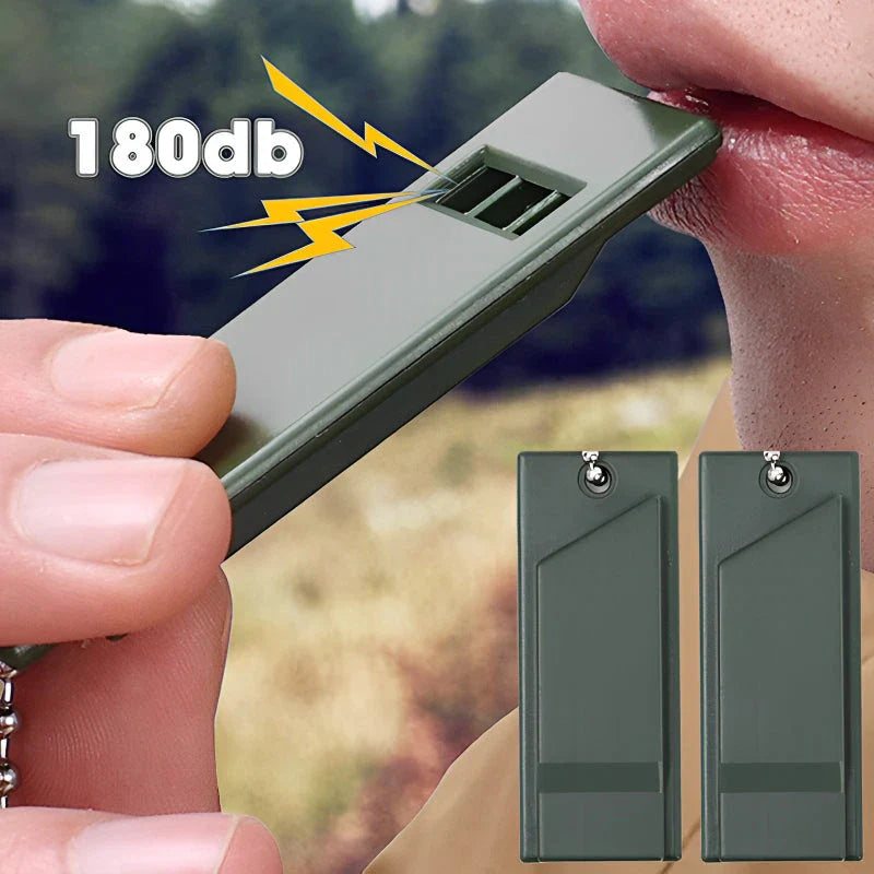 High-decibel outdoor survival whistle in dark green, made of durable polystyrene material for long-lasting use