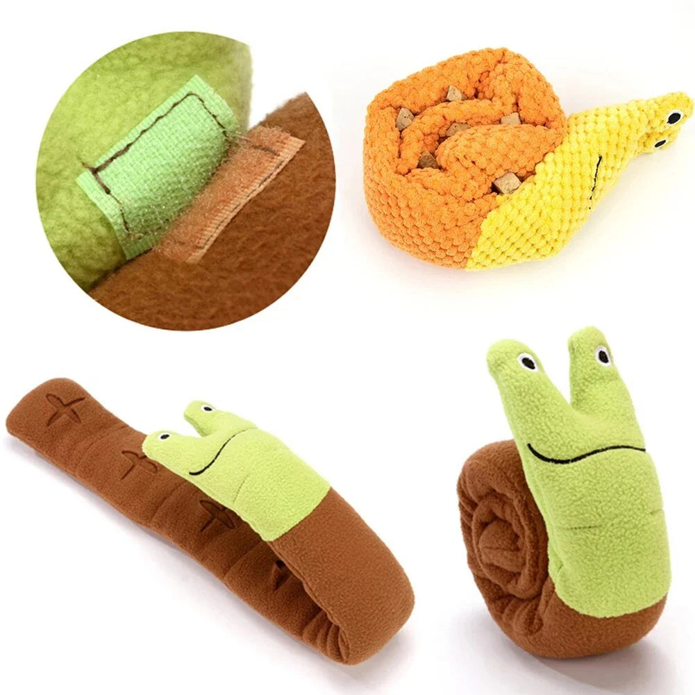 A plush snail-shaped snuffle mat toy with hidden treat pockets, designed to stimulate a dog's natural foraging instincts.