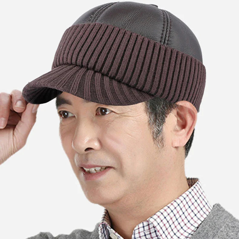 Men's Winter Baseball Cap with Leather Earflaps in Brown Colour
