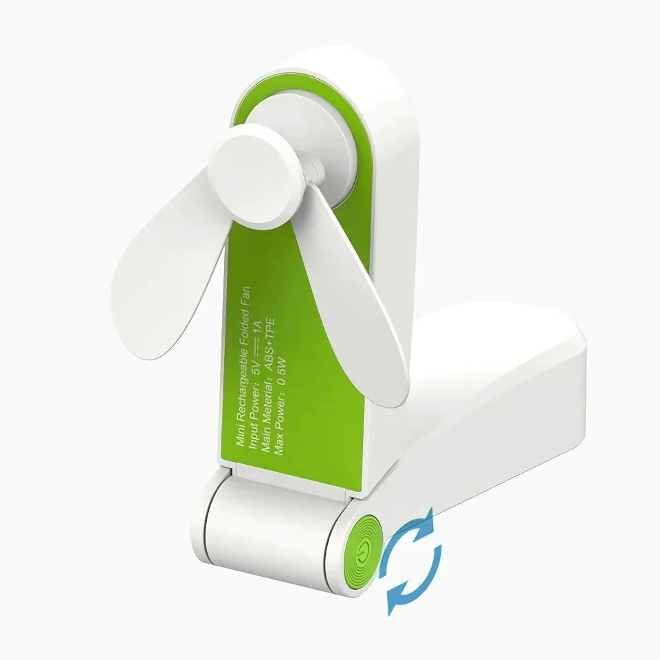 Compact rechargeable handheld fan in pink and green colours, providing powerful cooling on the move