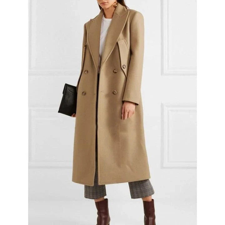 Chic slimming trench coat for women, featuring a tailored wide-waisted silhouette, elegant turn-down collar, and minimalistic buttons for a polished look.
