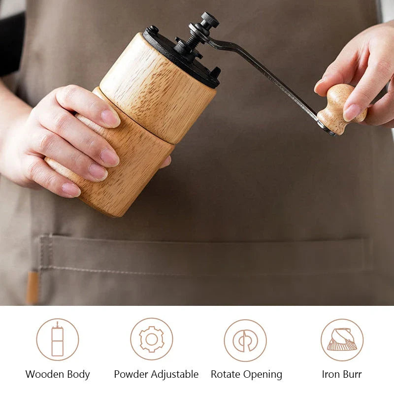 Elegant wooden manual coffee grinder with premium steel conical burr for consistent, flawless grinding
