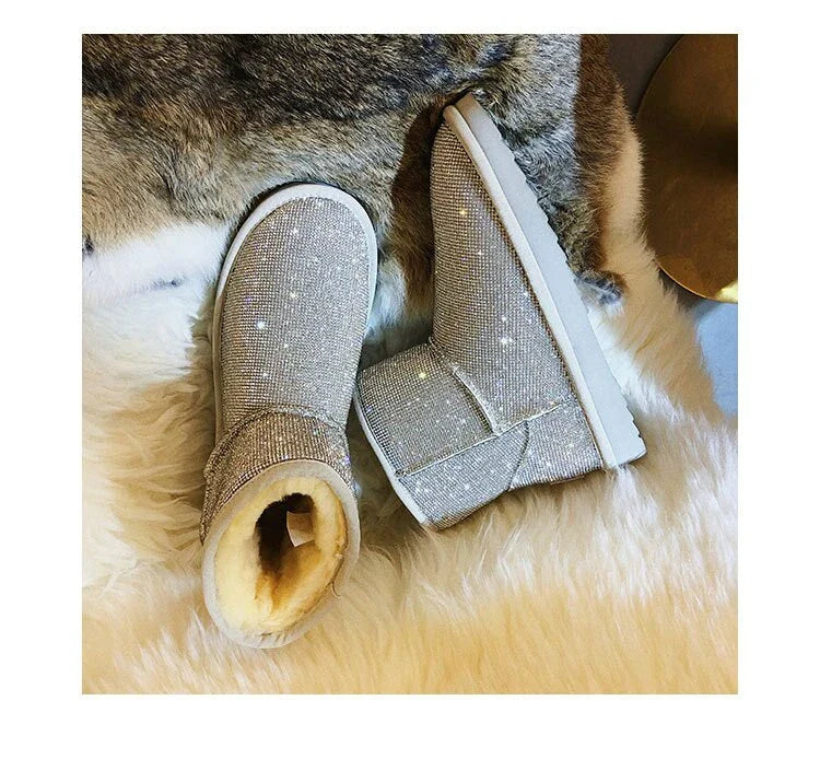 Premium rhinestone-embellished ankle boots for women, featuring a shimmering upper and durable rubber sole for winter wear