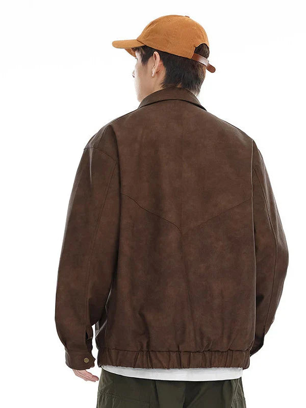 Premium vintage-inspired PU leather jacket in brown and grey colours, featuring a relaxed, tailored fit for the discerning British gentleman.