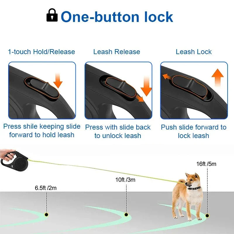 5 metre retractable dog leash with reflective strip, suitable for dogs up to 20 kg