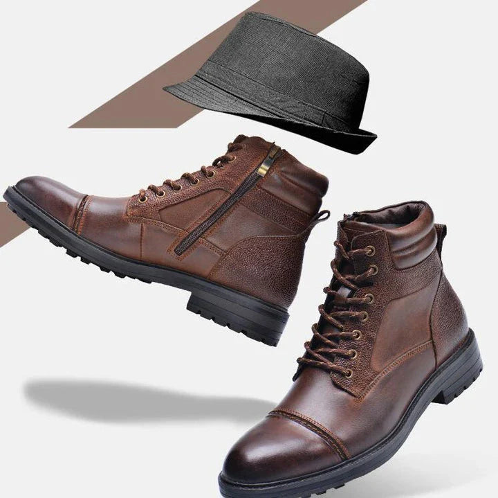 Premium cowhide leather boots for men, featuring a versatile round-toe design and medium-height shaft for classic British style and exceptional comfort.