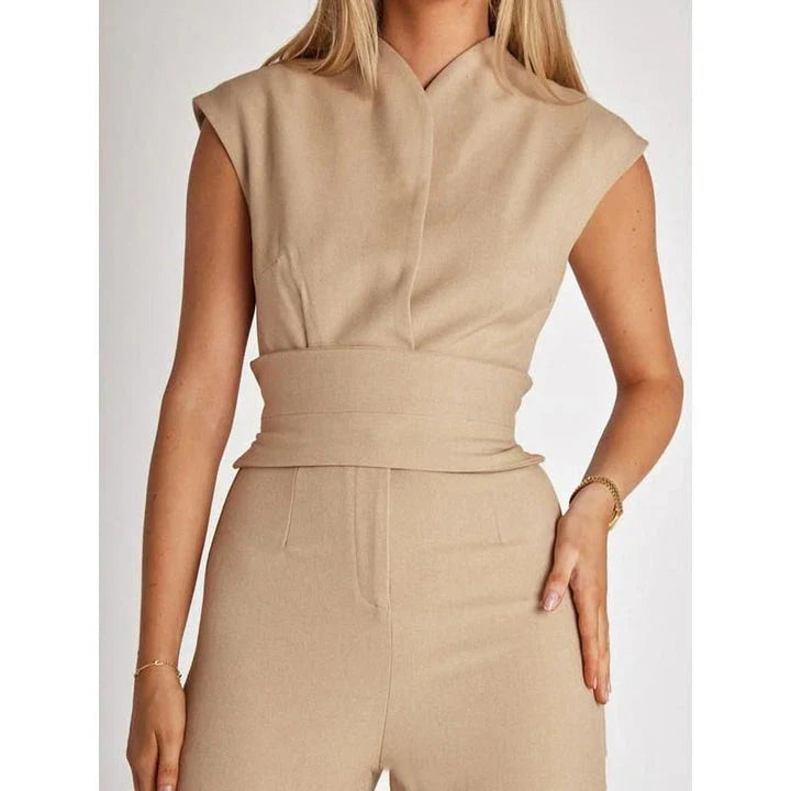 Elegant V-Neck Sleeveless Wide-Leg Jumpsuit in Khaki, a premium British fashion piece with a sophisticated design and versatile style.