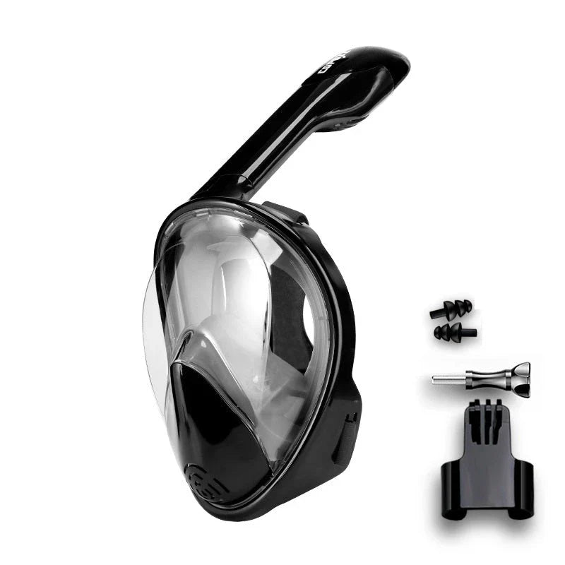 Premium full face anti-fog snorkel mask with wide 180-degree viewing and adjustable camera mount