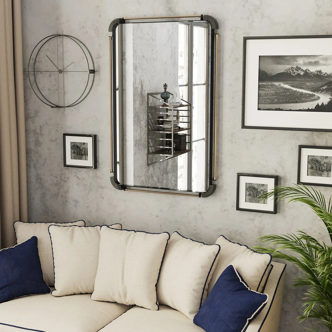 Vintage Industrial Black Metal Pipe Wall Mirror - Rectangular mirror with distressed metal pipes for a timeless, retro look