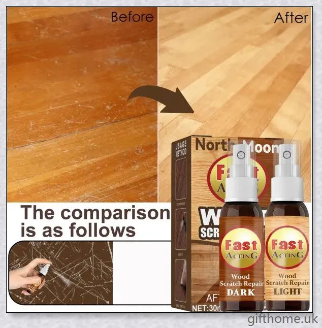 A bottle of premium wood scratch repair spray with a light and dark colour option for blending seamlessly with various wood tones.