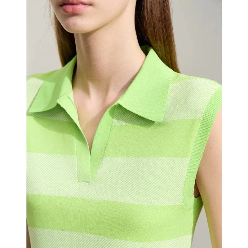 Chic Summer Knit Sleeveless Sweater in a neutral striped pattern, offering a comfortable and stylish option for warm weather wear.