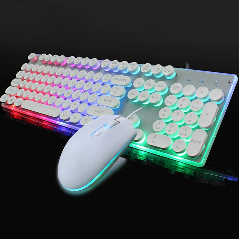 Radiant crystal-like illuminated wired keyboard and mouse combo with sleek, modern design and vibrant backlighting