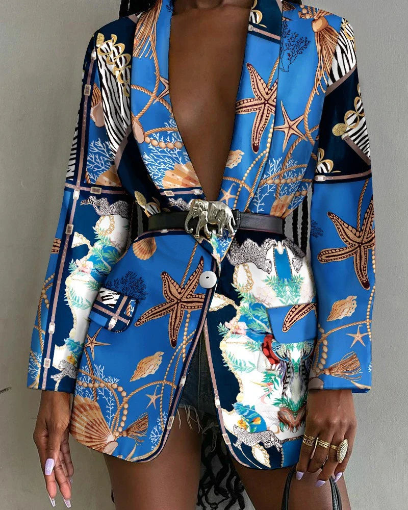 Women's Stylish Printed Shawl-Collar Single-Breasted Blazer with Belt in various colours