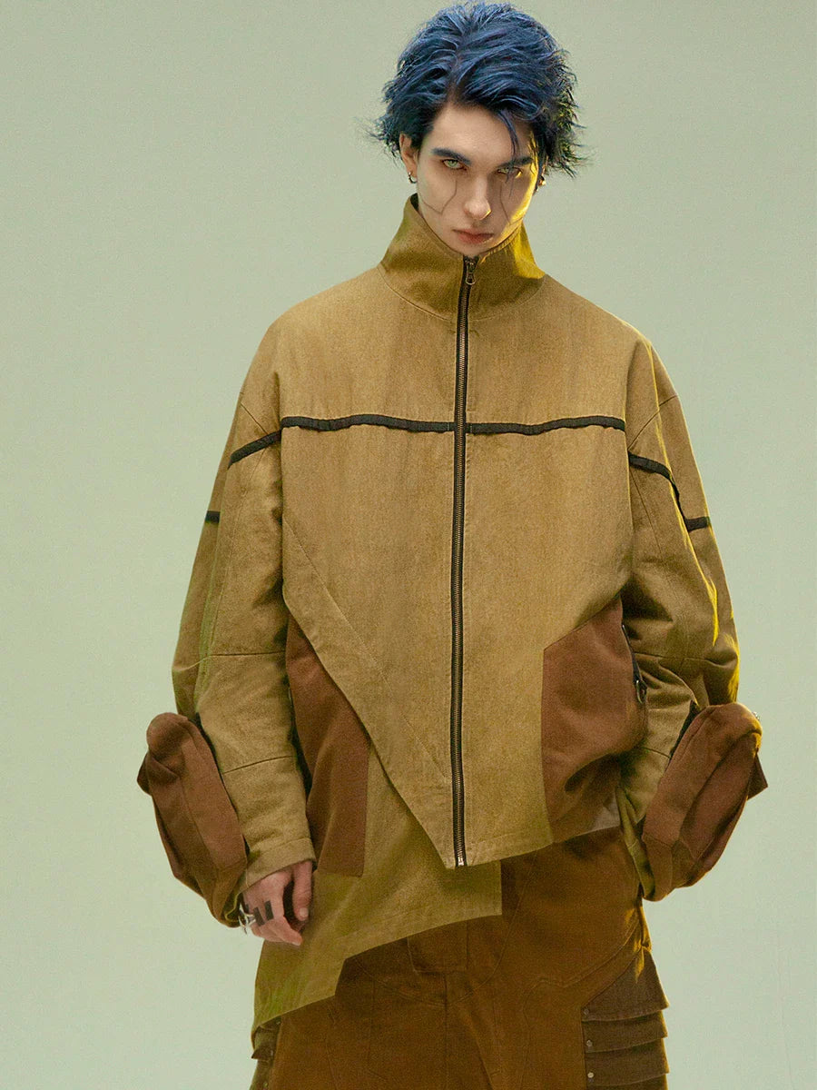 Asymmetric medium and long sandstone wind coat with premium cotton construction and adjustable stand collar for versatile British style