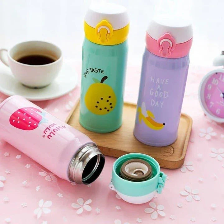 Premium stainless steel vacuum insulated thermos bottle with vibrant fruit print design, perfect for keeping children's drinks hot or cold.