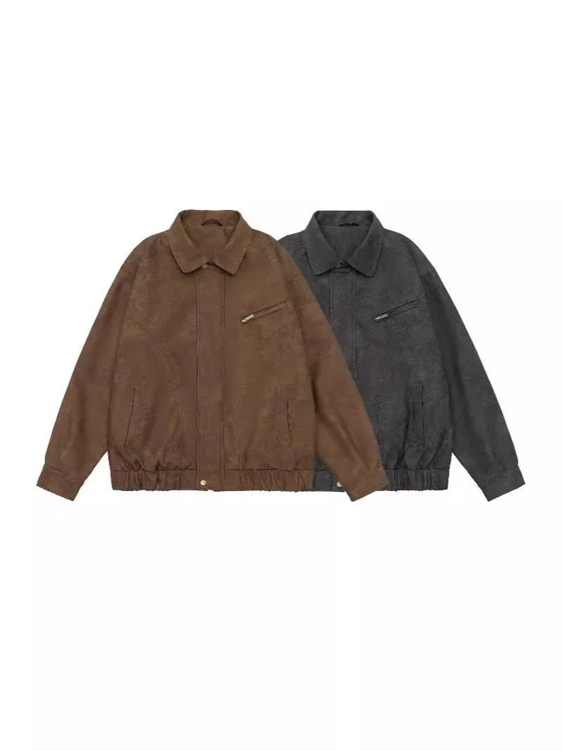 Premium vintage-inspired PU leather jacket in brown and grey colours, featuring a relaxed, tailored fit for the discerning British gentleman.