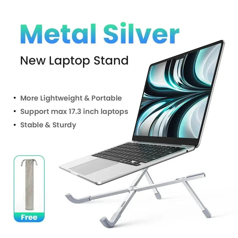 Adjustable and foldable aluminium laptop stand with 5 height levels, cooling design, and skidproof silicone platform
