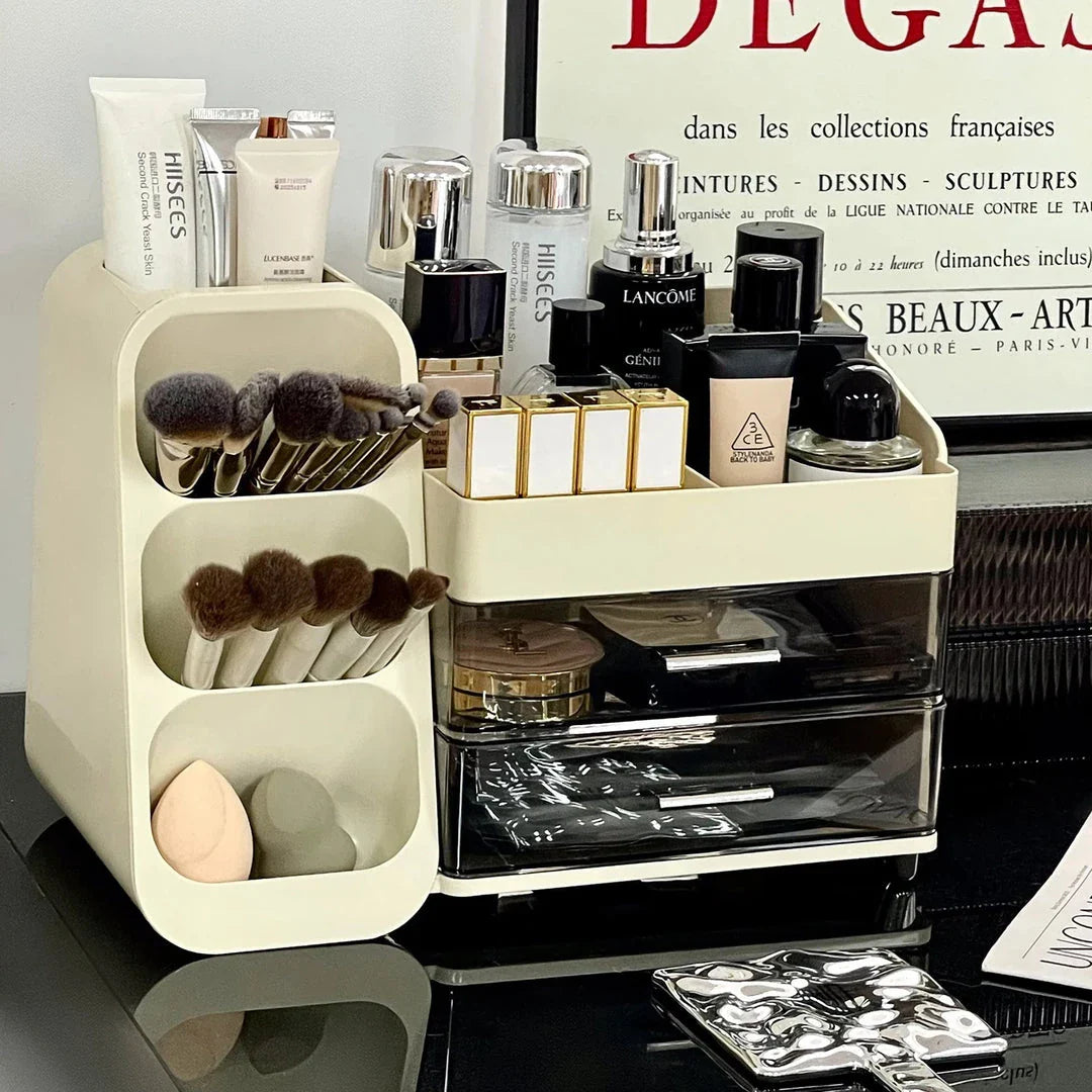 A large makeup organizer with a rotating brush holder and divided tray for storing cosmetics, skincare products, and beauty tools.