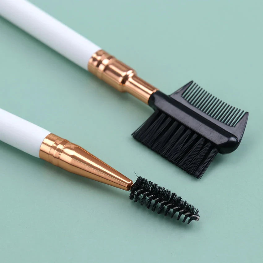 Premium dual-ended eyebrow and eyelash grooming brush with wooden handle and nylon bristles