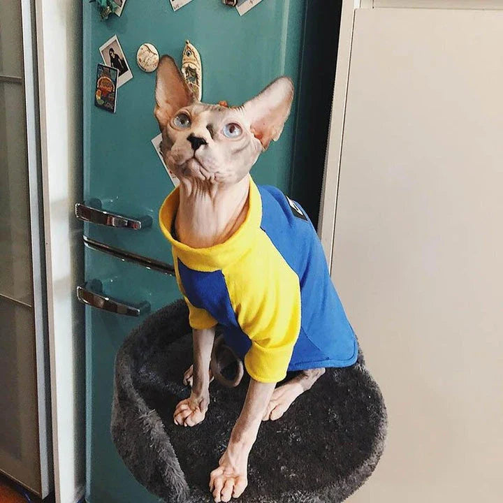 A stylish cotton sweater with a vibrant printed design and a coordinating necklace accessory, perfect for keeping your cat warm and fashionable.