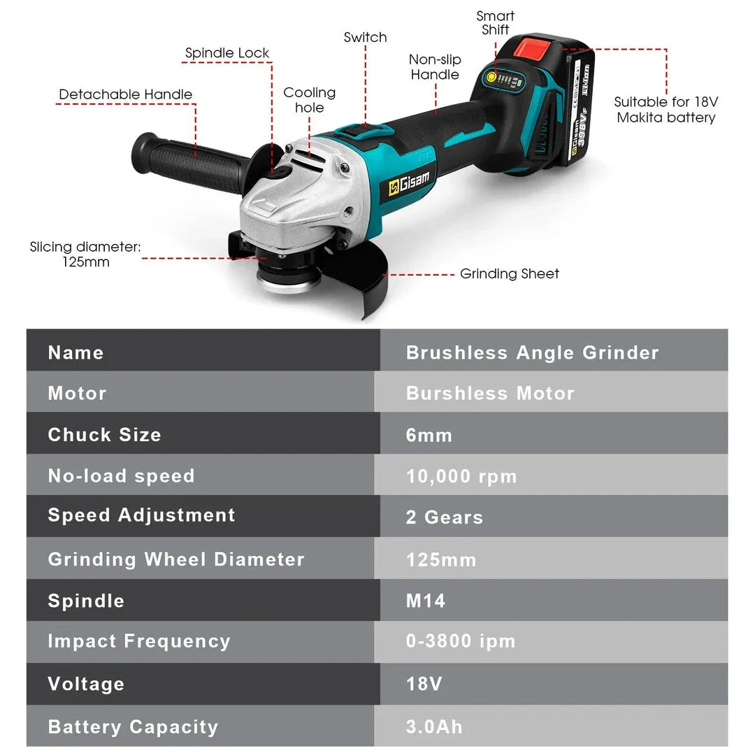 18V 125mm Cordless Angle Grinder with Brushless Motor for Polishing and Cutting Tasks