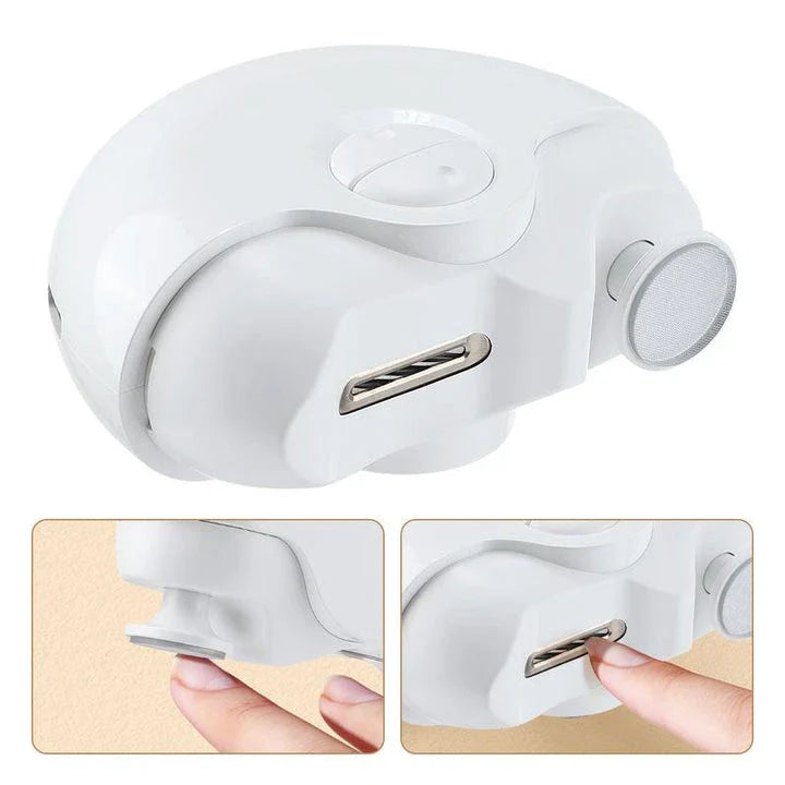 Premium 2-in-1 electric nail clipper and polisher with adjustable settings for trimming and polishing, built-in nail clippings compartment, and rechargeable battery