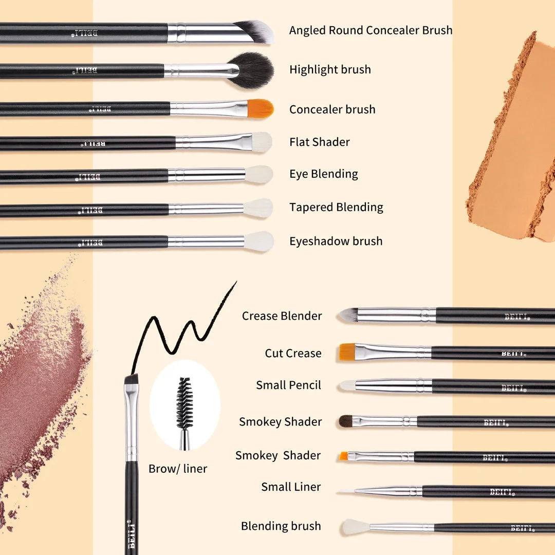 Set of 15 professional eye makeup brushes in a sleek black design, including brushes for brows, lashes, eyeliner, and eyeshadow blending.