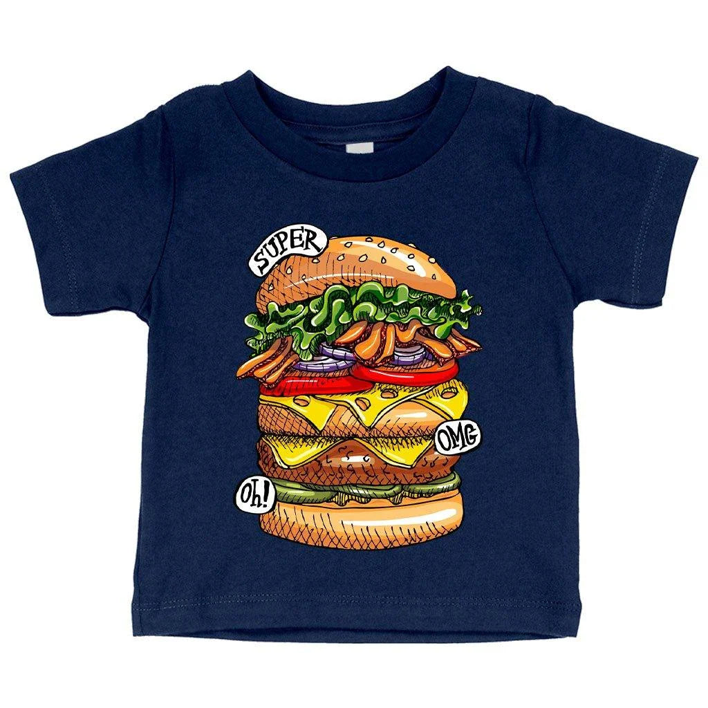 Trendy Baby Burger T-Shirt in white, featuring a cute burger graphic design for comfortable and stylish baby clothing