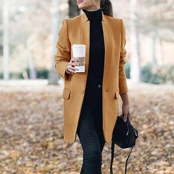 Premium British woollen coat with stand collar, featuring a sleek, slim-fit silhouette and subtle stitching details
