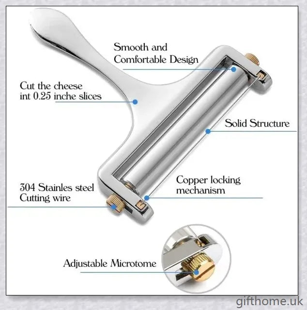 Adjustable cheese slicer with an ergonomic handle and a wire cutting mechanism for precisely slicing hard and soft cheeses to your desired thickness