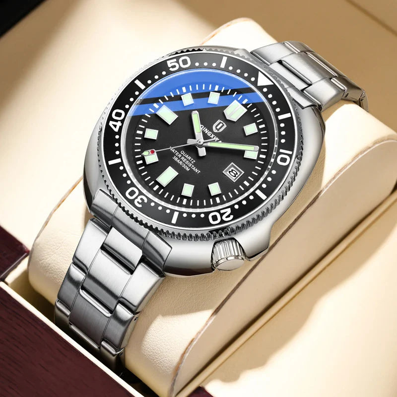 Trendha Quartz Watch with Stainless Steel Strap and Luminous Dial in Black and Blue Colours
