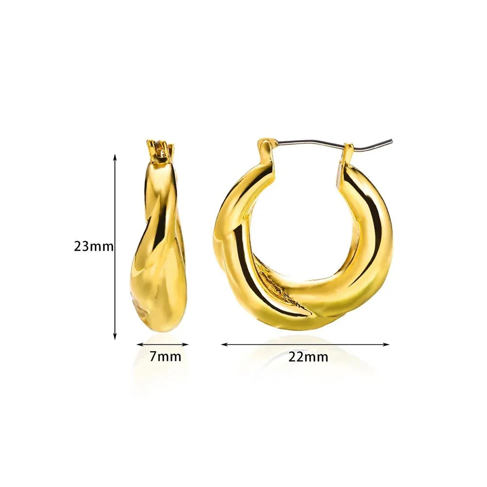A pair of gold-toned stainless steel hoop earrings, showcasing a classic and sophisticated design