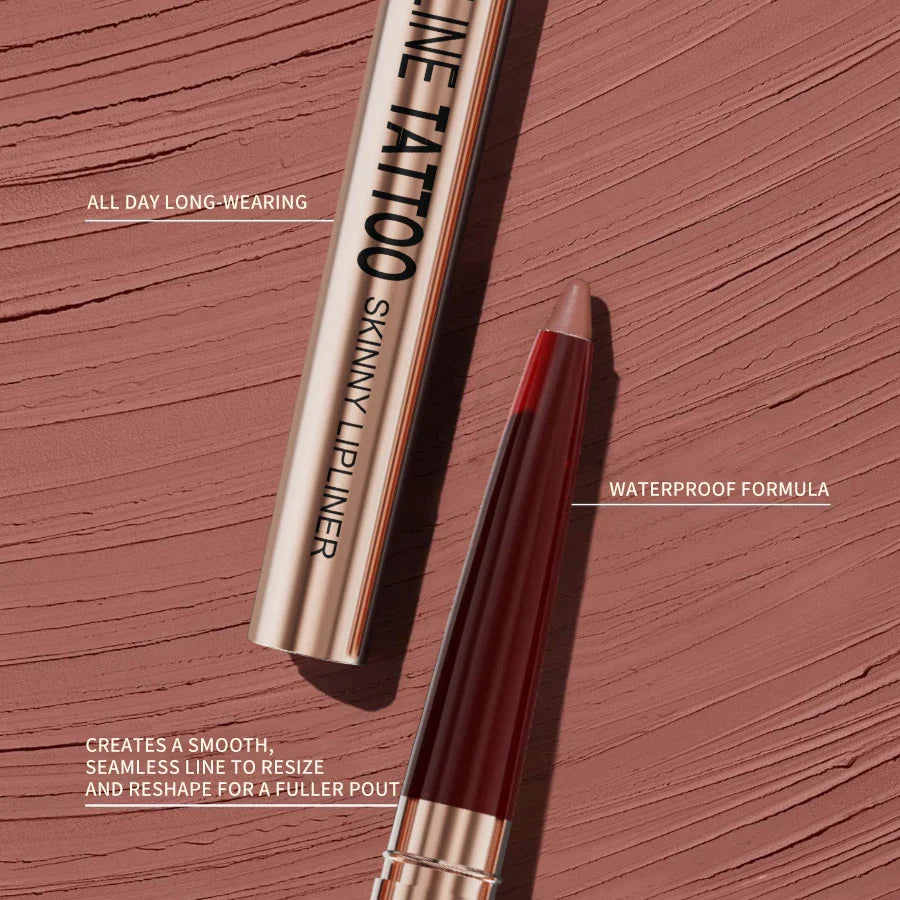 Close-up of a premium waterproof lipliner in a silver casing, a must-have makeup essential for a polished and long-lasting lip look.