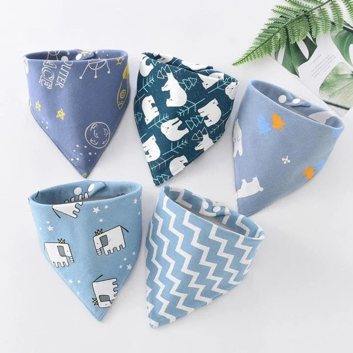 Stylish cotton baby bandana bibs in various fashionable prints, designed to keep your little one dry and comfortable.