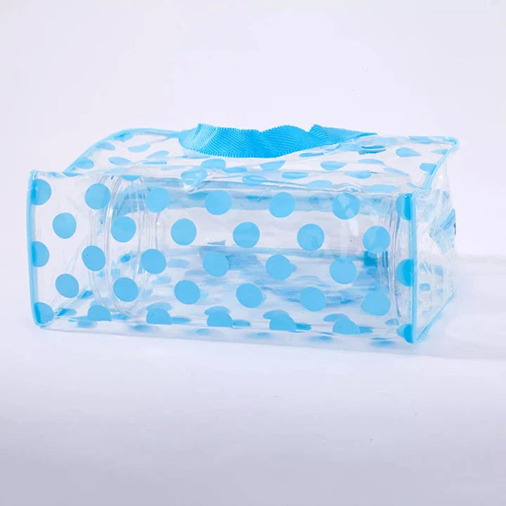 Stylish and durable PVC transparent makeup bag with fashionable dot pattern, perfect for British travellers