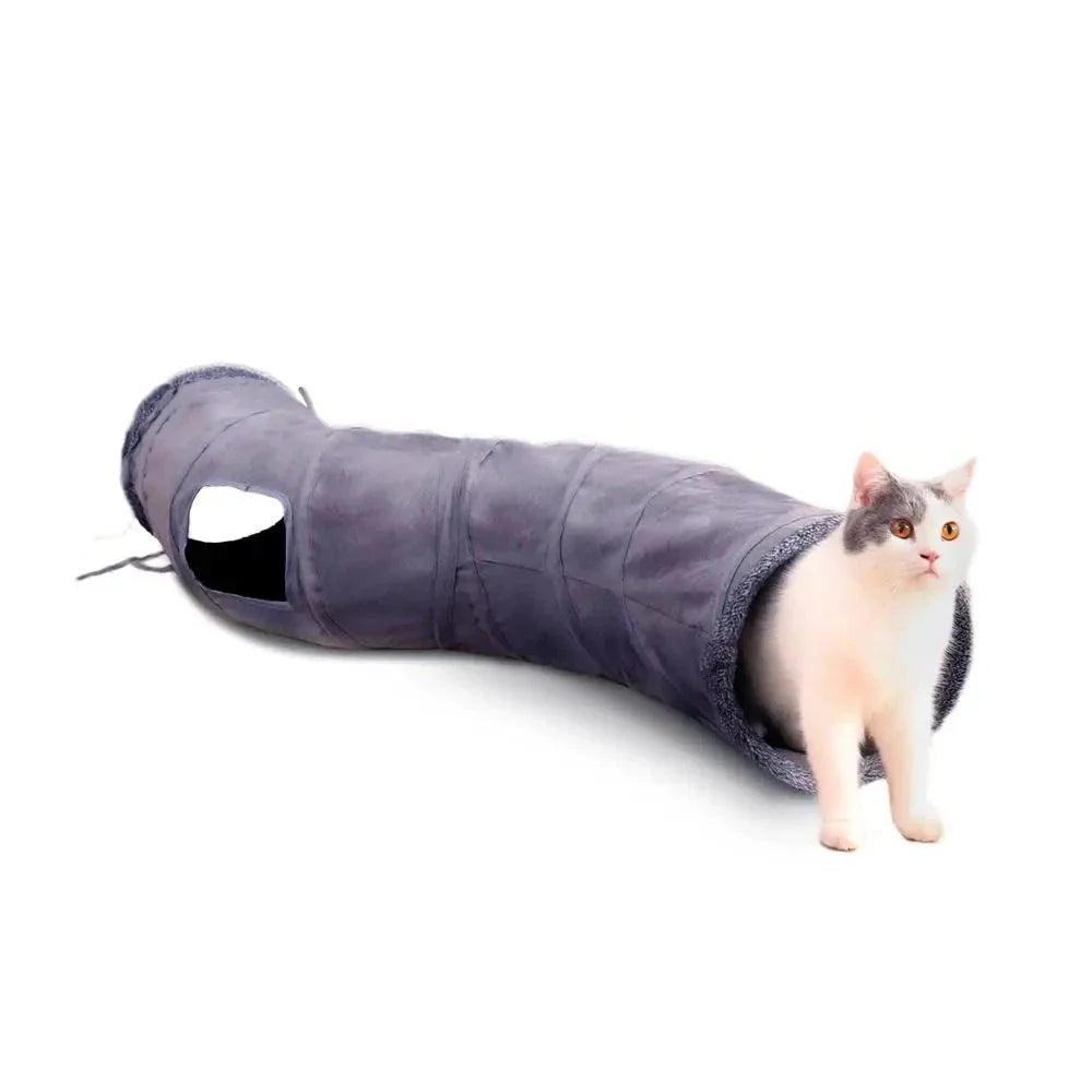 Grey foldable cat play tunnel with crinkle sounds, peek-a-boo holes, and a hanging ball toy for interactive playtime