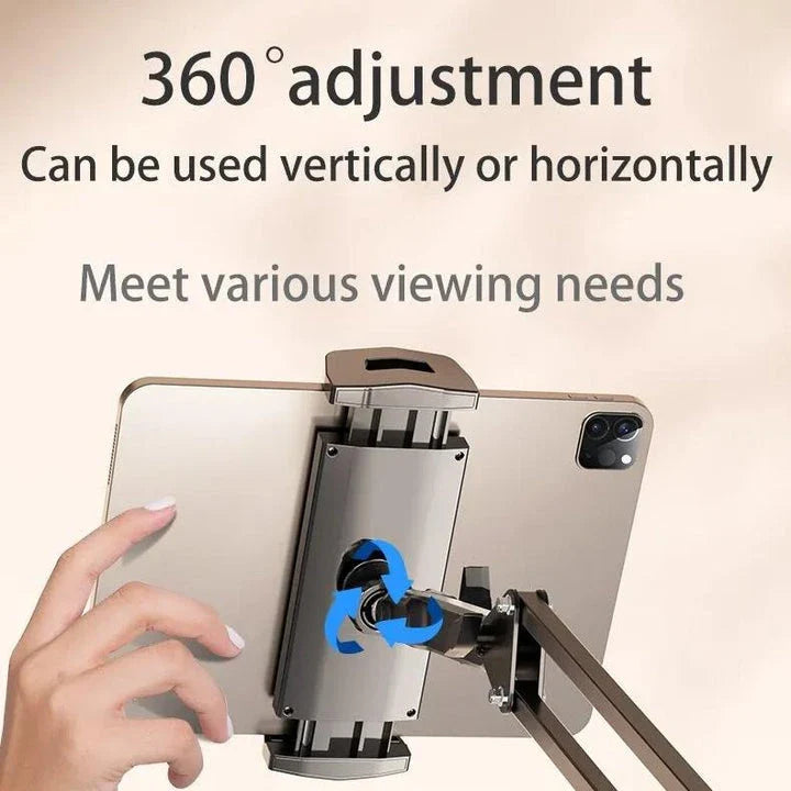 A 360-degree rotatable and adjustable tablet and phone stand with a long arm and stable support for versatile viewing