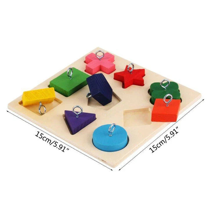 Wooden educational building blocks with colorful bird illustrations, designed to promote learning and creativity in children.