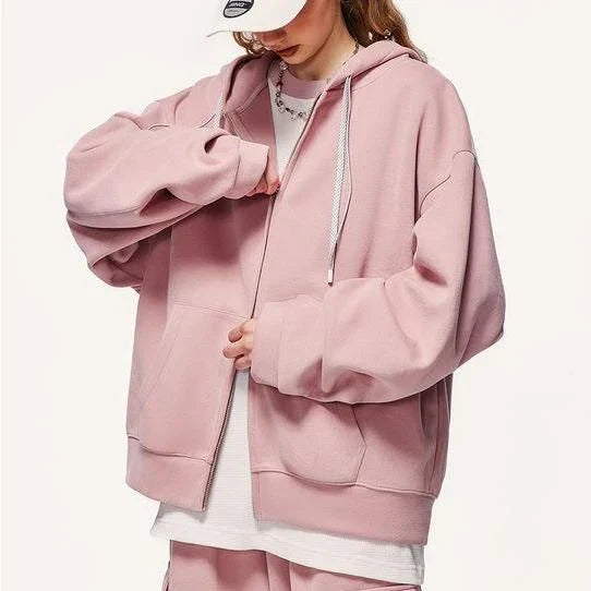 A premium British cotton and polyester hoodie jacket with a zip-up design, featuring a relaxed, oversized fit for everyday comfort and style.