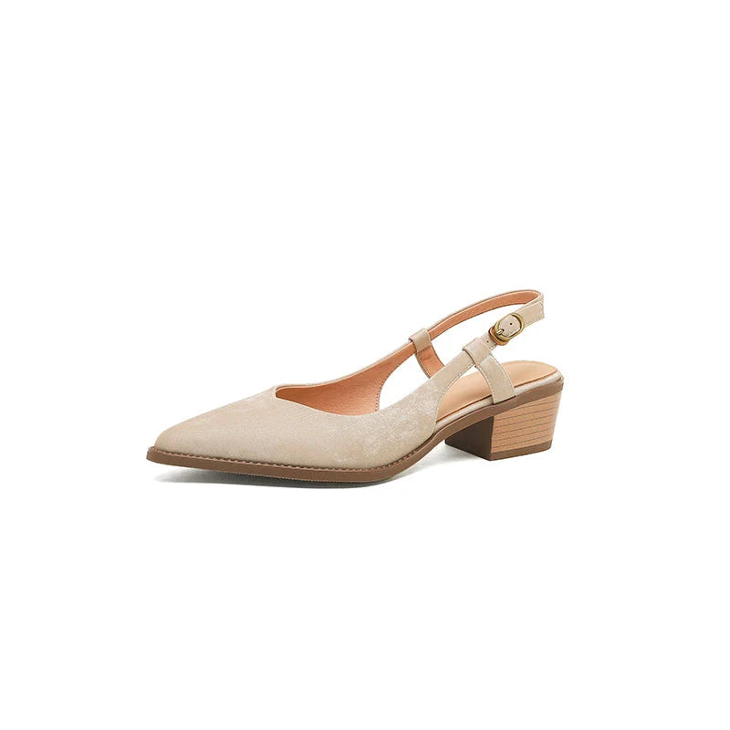 Elegant slingback leather pumps with a stylish mule design, secure buckle closure, and 4cm square heel